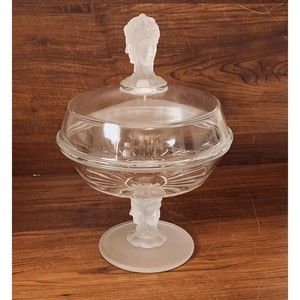 George Duncan Early American Three Faces  Footed Frosted Glass Compote Dish